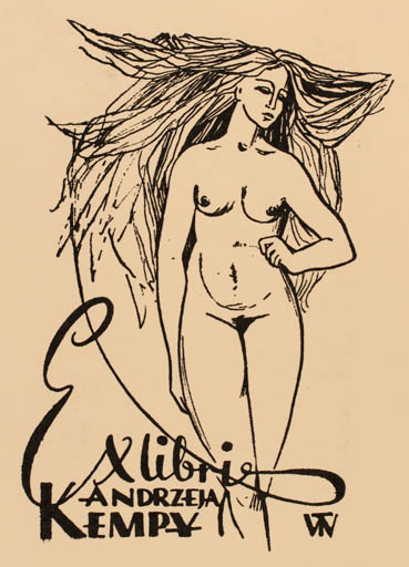 Exlibris by Wieskawa Twardowska from Poland for Andrzeja Kempy - Woman Nude 