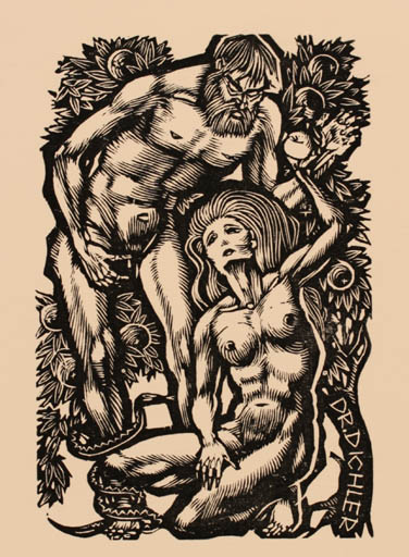 Exlibris by Hedwig Zum Tobel from Austria for Dr. Gustav Dichler - Adam and Eve 