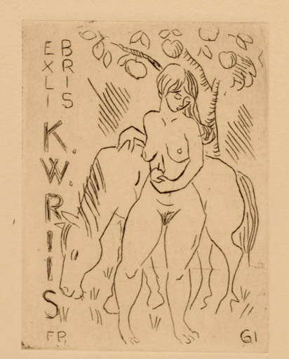 Exlibris by Frank Pedersen from Denmark for Kaj Welsch Riis - Horse Woman Nude 