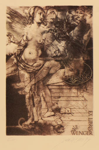 Exlibris by Jiri Brazda from Czechoslovakia for W. E Wenger - Woman Nude 