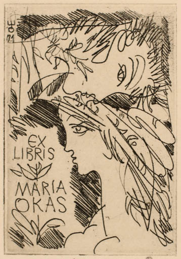 Exlibris by Evald Okas from Estonia for Maria Okas - Woman Portrait Romance 