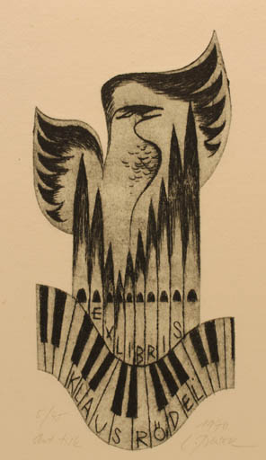 Exlibris by Ladislav Rusek from Czech Republic for Klaus Rödel - Bird Music 