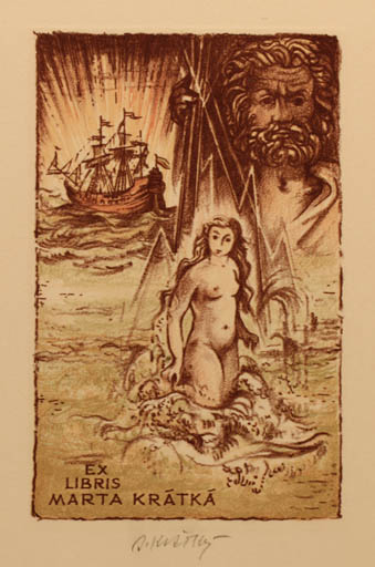 Exlibris by Bohumil Kratky from Czechoslovakia for Marta Krátká - Woman Mythology Nude Portrait Ship/Boat 