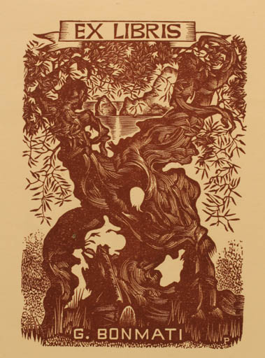 Exlibris by Carlos Puntis Nebot from Spain for G. Bonmati - Fauna Mythology Couple Tree 