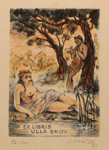 Exlibris by Bohumil Kratky from Czech Republic for Ulla Skov - Fable Animal Woman Mythology Pan/Faun Tree 