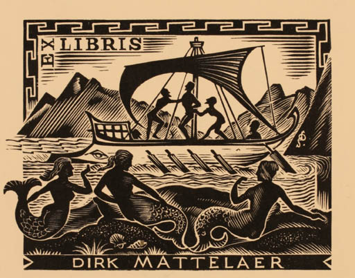 Exlibris by Luc de Jaegher from Belgium for Dirk Mattelaer - Mermaid Maritime Mythology Ship/Boat 