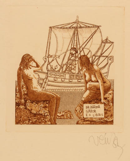 Exlibris by Zoltan Vén from Hungary for Dr. Katona Gabòr - Woman Mythology Nude Ship/Boat 