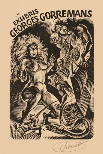 Exlibris by Frank-Ivo van Damme from Belgium for Georges Gorremans - Drama Woman Nude 