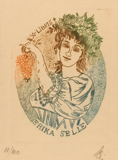 Exlibris by Illi Franz from Romania for Erika Selle - Woman Mythology Wine 