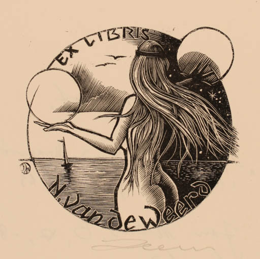 Exlibris by Jan Meeus from Belgium for Nely van de Weerd - Woman Maritime Nude 