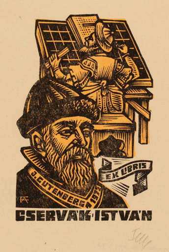 Exlibris by Antal Fery from Hungary for Istvan Cservak - Working Portrait Printing technique 