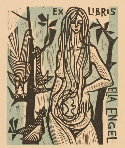 Exlibris by Maria Elisa Leboroni from Italy for Ella Engel - Bird Woman 