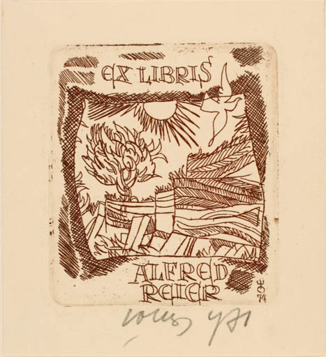 Exlibris by Evald Okas from Estonia for Alfred Reier - Flora Scenery/Landscape Sun Tree 