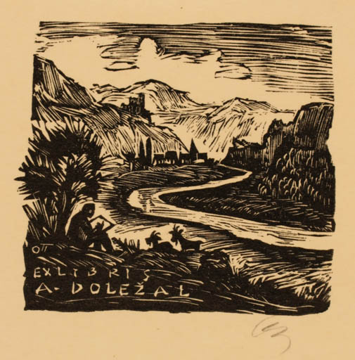 Exlibris by Herbert S. Ott from Germany for Antonin Dolezal - Mountain City Scenery/Landscape 