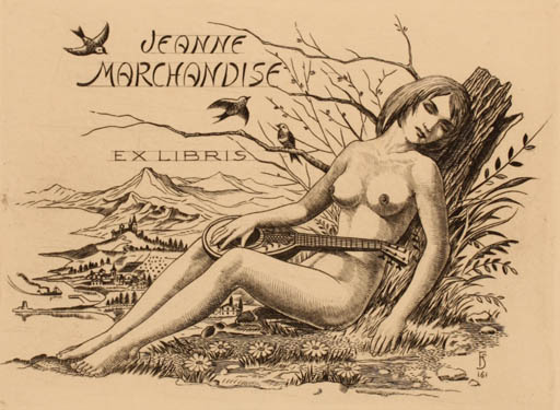 Exlibris by Julio Fernandez Saez from Spain for Jeanne Marchandise - Woman Scenery/Landscape Nude 