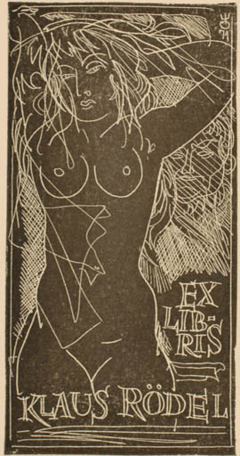 Exlibris by Evald Okas from Estonia for Klaus Rödel - Woman Nude 