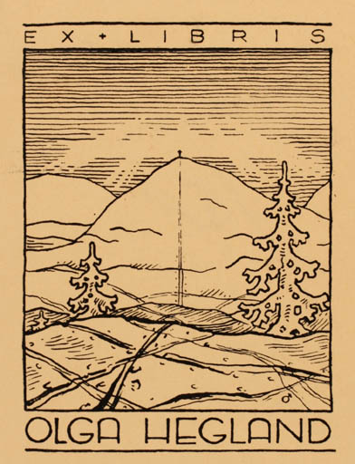 Exlibris by Albert Jaern from Norway for Olga Hegland - Mountain Scenery/Landscape Sport/game 