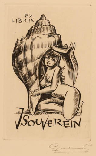 Exlibris by Gerard Gaudaen from Belgium for Johannes Souverein - Woman Nude 