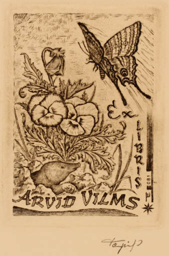 Exlibris by Istvan Tempinszky from Hungary for Arvid Vilms - Flower Fauna Butterfly 