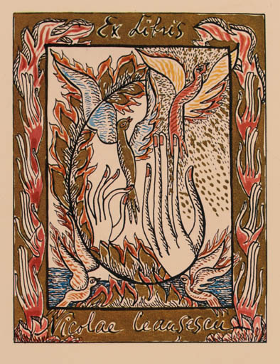 Exlibris by Aurelia Avramescu from Romania for Nicolae Ceausescu - Bird Phoenix Mythology 