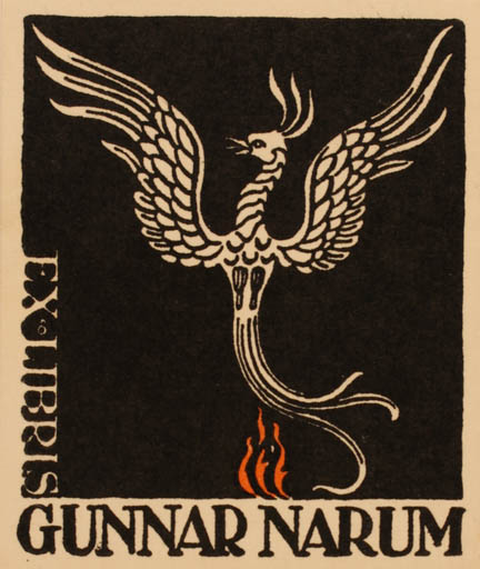 Exlibris by Albert Jaern from Norway for Gunnar Narum - Bird Phoenix Mythology 