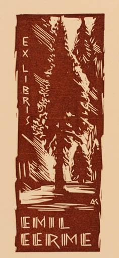 Exlibris by Kàroly Andrusko from Yugoslavia for Emil Eerme - Forest Tree 