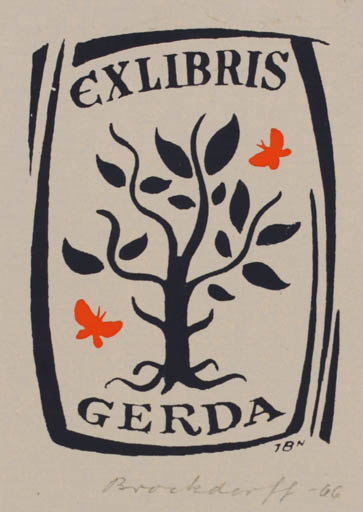 Exlibris by Jörgen Brockdorff-Nielsen from Denmark for Gerda Nielsen - Butterfly Tree 