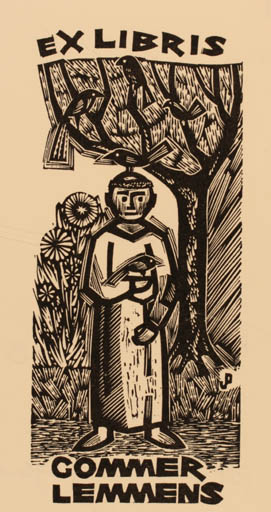 Exlibris by Piet Janssens from Belgium for Commer Lemmens - Bird Man Religion 