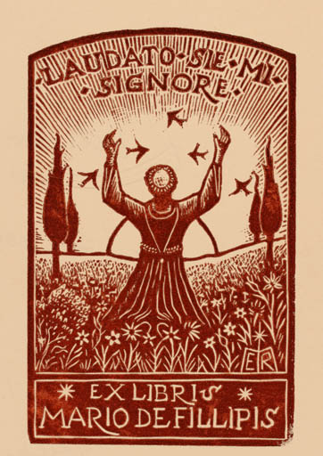 Exlibris by Eugenio M. Raffo from Italy for Mario de Filippis - Bird Man Religion Sun 