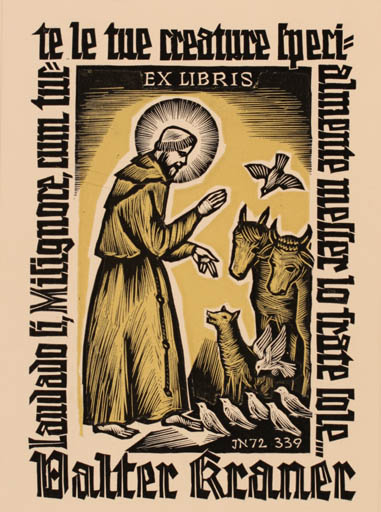 Exlibris by Johann Naha from Germany for Valter Kraner - Fauna Man Religion 