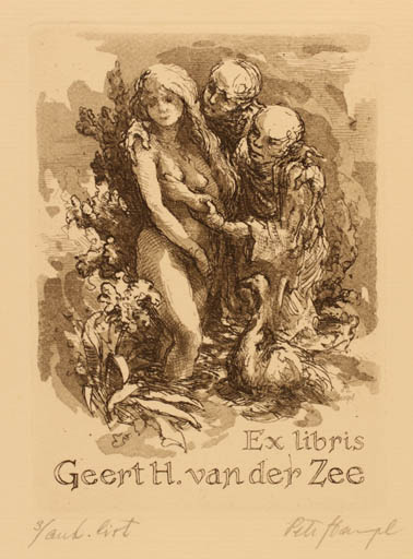 Exlibris by Petr Hampl from Czech Republic for Geert van der Zee - Woman Man Nude 