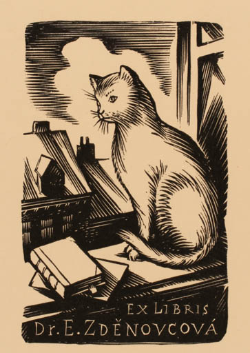 Exlibris by Pavel Simon from Czechoslovakia for Dr. Emilie Zdenovcova - Book City Cat 