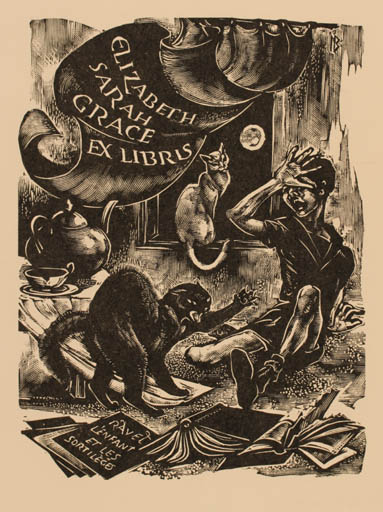 Exlibris by Leslie Benenson from Great Britain for Elizabeth Sarah Grace - Drama Cat 