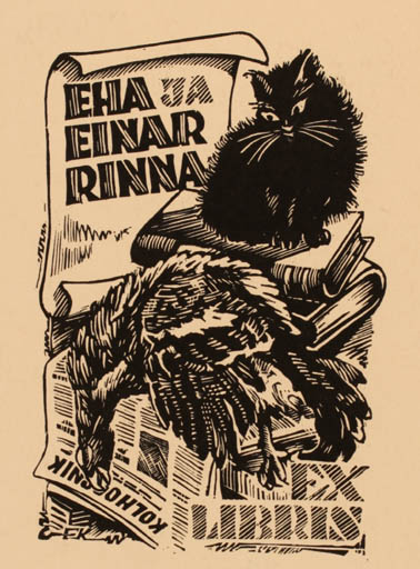 Exlibris by Enn Kera from Estonia for Eha Ja Einar Rinna - Book Bird Cat 