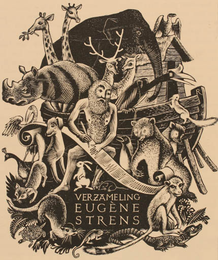 Exlibris by Pam Georg Rueter from Netherland for Eugene Strens - Fauna Religion Ship/Boat 