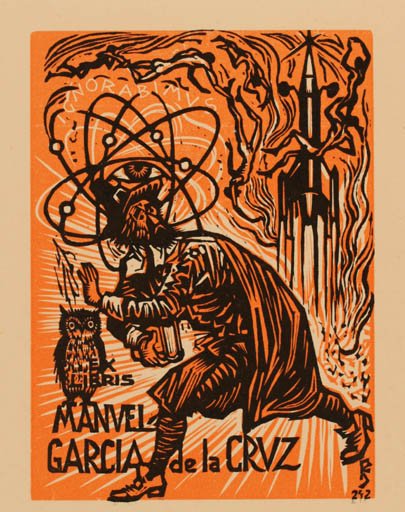 Exlibris by Julio Fernandez Saez from Spain for Manuel Garcia de la Cruz - Man Owl Science 