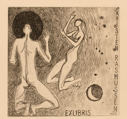 Exlibris by Muggi Wille Nielsen from Denmark for Kristen Rasmussen - Cosmos Nude Couple 