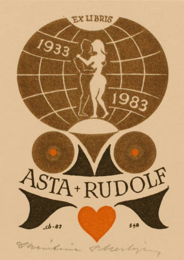 Exlibris by Christian Blæsbjerg from Denmark for ? Asta & Rudolf - Globe Cosmos Couple 