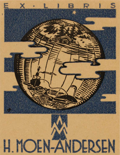 Exlibris by Albert Jaern from Norway for H. Moen-Andersen - Globe Maritime 