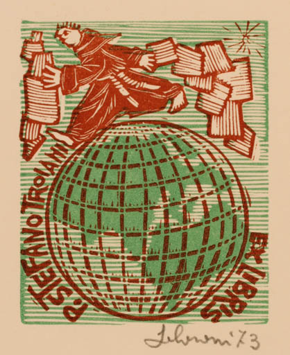 Exlibris by Maria Elisa Leboroni from Italy for P. Stefano Troiani - Globe Man 