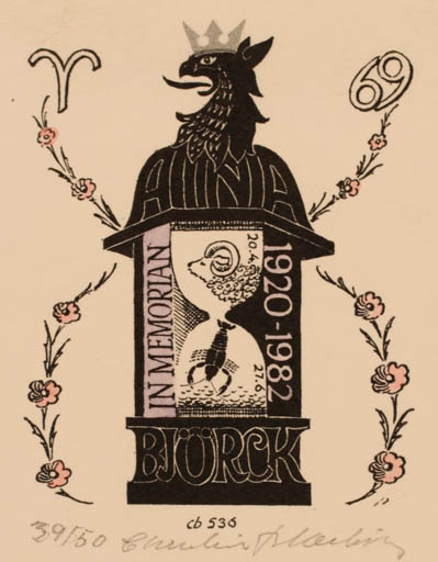 Exlibris by Christian Blæsbjerg from Denmark for Aina Björck - 