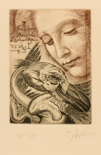 Exlibris by Luigi Casalino from Italy for Archivio Leonardismi - Leda and the Swan 