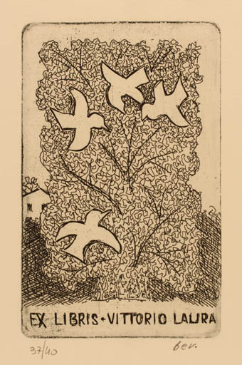 Exlibris by Dario Bernazzoli from Italy for Vittorio Laura - Bird Tree 