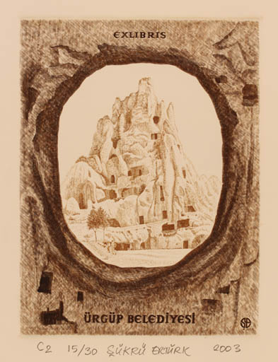 Exlibris by Sükrü Ertürk from Turkey for Ürgüp Belediyesi - Mountain City 