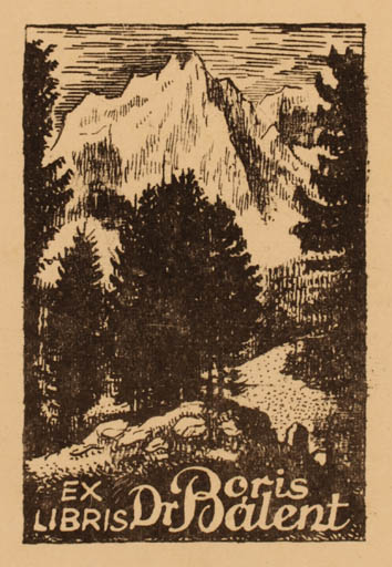 Exlibris by Jenö Kertes-Kollmann from Hungary for Dr. Boris Balent - Mountain Scenery/Landscape 