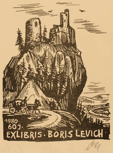 Exlibris by Herbert S. Ott from Germany for Boris Levich - Mountain Horse Scenery/Landscape Ruin 