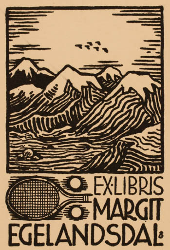 Exlibris by Albert Jaern from Norway for Margit Egelandsdal - Mountain Sport/game 