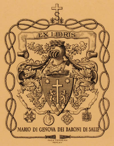 Exlibris by Antonio Pais Ferreira from Portugal for Mario Di Genova Dei Baroni Di Salle - Heraldry 