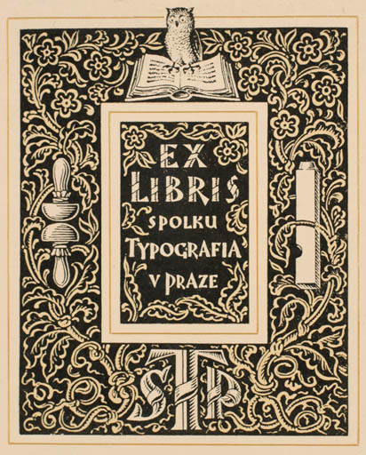 Exlibris by J. Dyntar from Czech Republic for ? Spolka Typografia v Praze - Flower Book Fauna Flora Printing technique Owl 