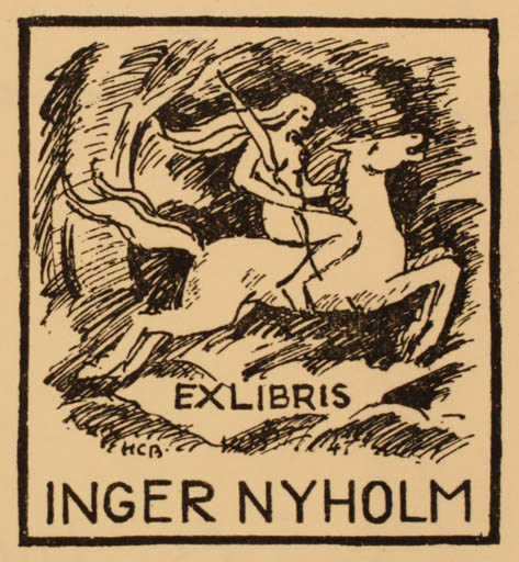 Exlibris by H. C. Bärenholdt from Denmark for Inger Nyholm - Horse Woman Horseman/Rider 